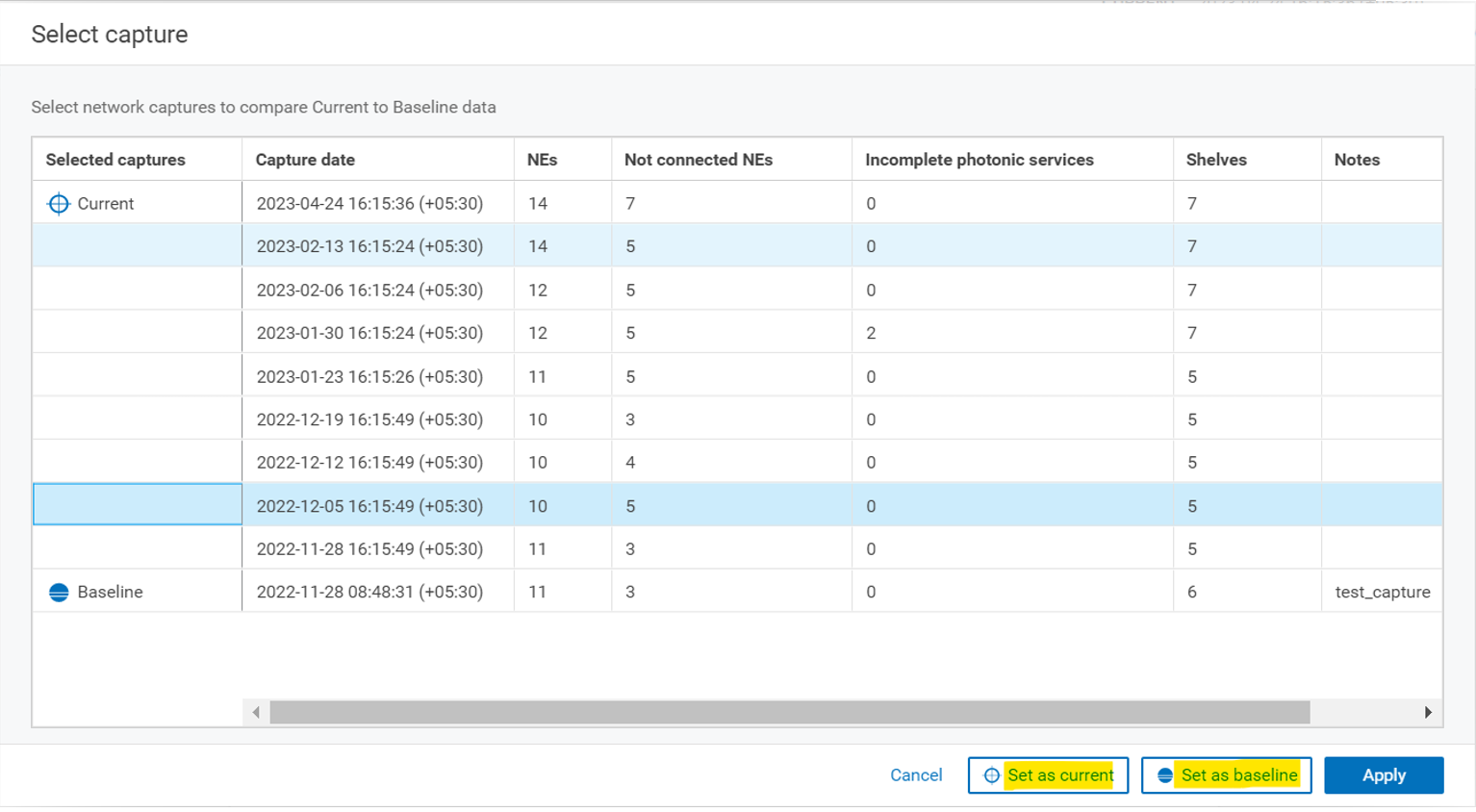 MCP How to select Network Trend captures to compare Current to